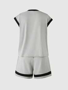 SHEIN Genkimix Kids 男童休闲运动日常穿着套装，包括圆领宽松字母印花短袖T恤和松紧腰宽松字母印花短裤，夏季男童篮球服 - 灰色 - 查看 2