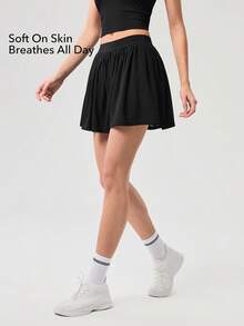 OutZeal 女士网球裙运动短裙 白色夏季健身房锻炼弹力内置短裤带口袋 - 黑色 - 查看 2