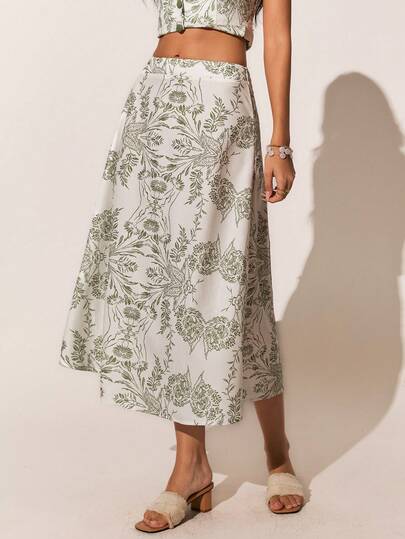 Poéselle Women's Floral Print Casual Versatile Vacation & Date Skirt,Green Skirt,Vacation Outfits For Women, Holiday Outfits For Women,  Beach Outfits For Women ,Summer Outfits For Women Spring/Summer