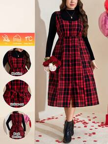SHEIN LUNE 加大码春季女式红色格子纽扣前襟方领无袖优雅中长连衣裙，腰部系带，适合情人节穿着 - 彩色 - 查看 12