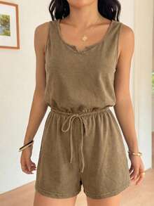 SHEIN EZwear Bộ áo liền quần kaki dệt kim co giãn cho nữ, áo liền quần ngắn kiểu dáng thường ngày, áo liền quần có túi, áo liền quần ngắn, áo liền quần nữ, bộ đồ đi nghỉ mát cho nữ, trang phục thường ngày cho nữ, bộ đồ liền thân mùa hè cho nữ, áo liền quần nữ. - màu nâu - Xem 4