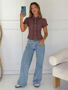 SHEIN EZwear 棕色梭织波点吊带短袖女式衬衫 - 棕色 - 查看 5