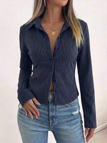 Blusa de manga larga con estampado de rayas simple y diario para mujer - Azul Marino - Ver 5