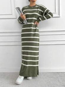 EURMUSE Striped Contrast Color Loose Knit Sweater Dress - Olive Green - View 5