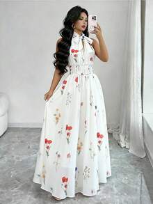 GlowEve 新款时尚甜美休闲度假无袖印花长款系带连衣裙，专为女士设计，春夏款 - 彩色 - 查看 7