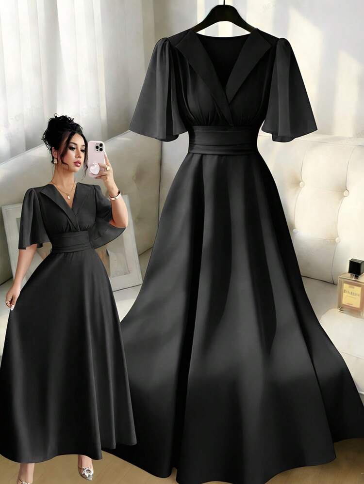 Elenzga New Women's Collared Waist Pleated Chiffon Patchwork Ruffle Sleeve Design Casual Vacation Everyday Versatile Elegant Dress - Black - View 1