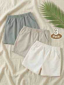 SHEIN Playful Pals 3条装男婴休闲纯色短裤套装，柔软轻盈的卡其布短裤，适合夏季度假、海滩日常穿着 - 彩色 - 查看 8