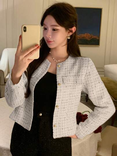 DAZY Women's Plaid Long Sleeve Single-Breasted Elegant Thin Blazer Jacket