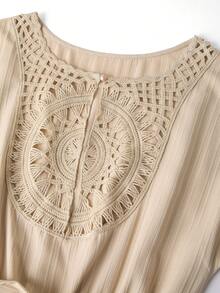 SHEIN Clasi 女士常规腰部褶皱系带蝴蝶结圆领卷边袖短袖阔腿连体裤 - 杏色 - 查看 3