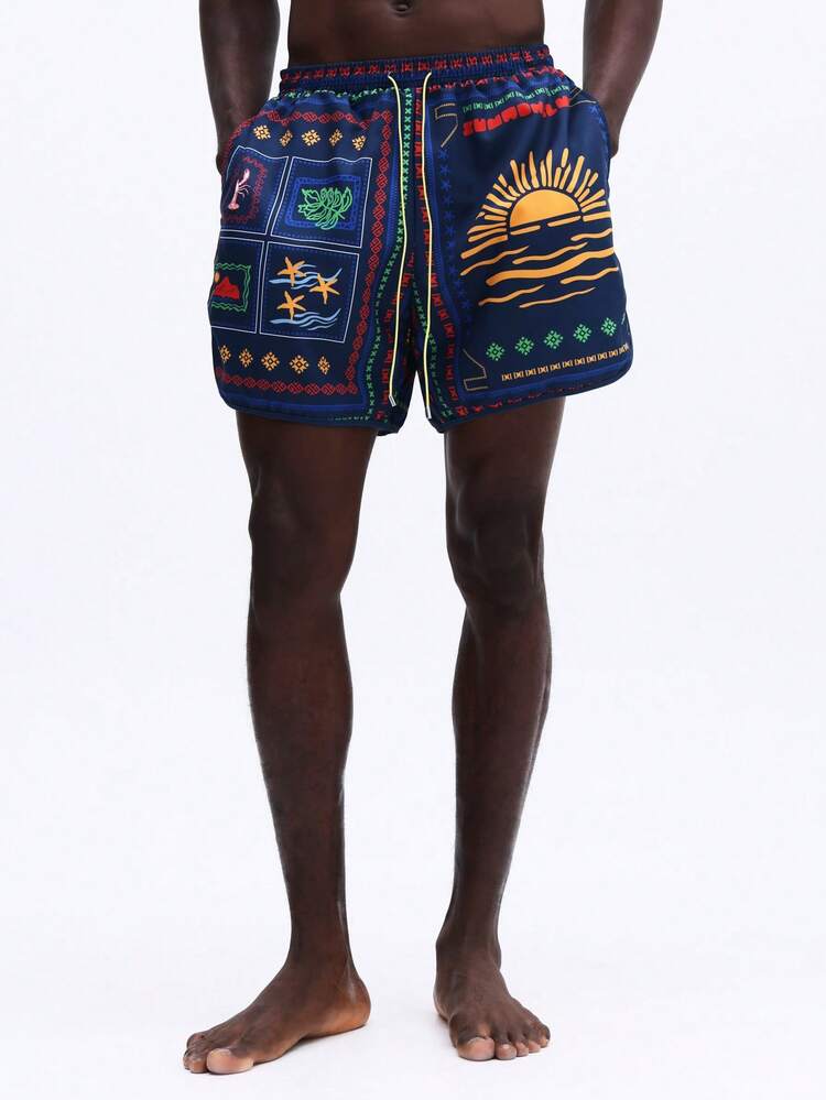 Patchwork Print Beach Shorts With Curved Hem