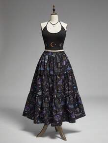 ROMWE Spring/Summerflower Gothic Magical Potion & Butterfly Crystal Print 2 Pieces Set: Camisole + Skirt For Women - Black - View 7