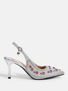 CUCCOO TILAWA 女士镶钻尖头高跟鞋，时尚踝带礼服鞋，适合派对和宴会穿着 - 銀色 - 查看 2