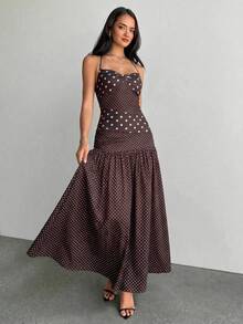 Aloruh Women's Retro Polka Dot Backless Belted Maxi Dress, Women's Beach Vacation Dress, Casual Polka Dot Print Dress, Women's Vacation Outfit, Holiday Wear, Casual Maxi Dress, Vacation Dress - Brown - View 3
