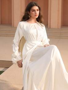 Graceveil Satin Finish Long Sleeve Round Neck Layered Ruffle Sleeve Tie-Up Asymmetrical Hem Dress For Women - Apricot - View 7