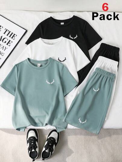 SHEIN 6pcs/Set Tween Boy Comfortable Casual Metal Necklace Decor Round Neck Short Sleeve T-Shirt & Printed Shorts 2-Piece Outfit, High Value Multi-Pack Suitable For Outings, Street Style, Parties, And Leisure