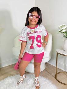 年轻女孩休闲街头风粉白79图案宽松T恤和打底裤套装 - 粉色 - 查看 3