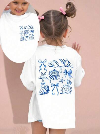 女童贝壳蝴蝶结印花基本款圆领短袖T恤