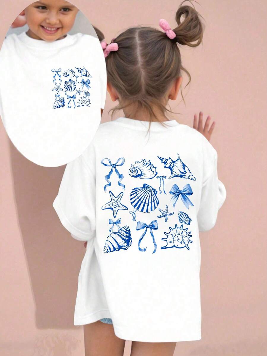 女童贝壳蝴蝶结印花基本款圆领短袖T恤 - 白色 - 查看 1