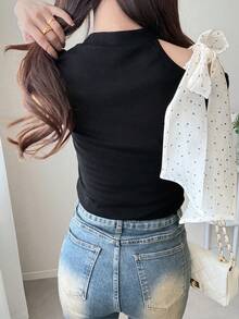 FRIFUL 女士圆领露肩撞色波点蝴蝶结面料修身短袖甜美T恤 - 黑色 - 查看 3