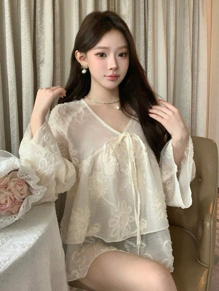 White Organza Lace Blouse, Hollow Out Design, Suitable For Spring/Summer, Valentine's Day, Wedding, Fashion Party, Music Festival, Casual Beach Vacation, Front & Middle Tie-Up, Ruffle Hem Splice Women Shirt