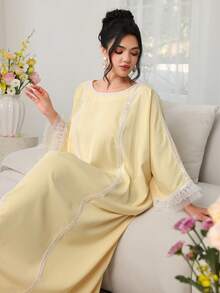 Al Najma Spring/Summer Boat Neck Sequin Embellished Batwing Sleeve Jalabiya Dress - Yellow - View 2