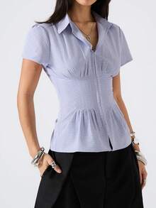 LYSMO 2026 New Arrive Minimalism Spring/Summer Women's Plaid Shoulder Petal Sleeve Ruched Waist Elegant Blouse Women Office Tops Short Sleeve Blouses Business Casual Tops Woman Work Blouse - Yellow - View 4