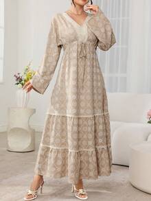 Al Najma Middle Eastern Style Vacation Woven Strap Puff Print Slimming V-Neck Waist Maxi Dress, Turkish Long Robe - Khaki - View 6