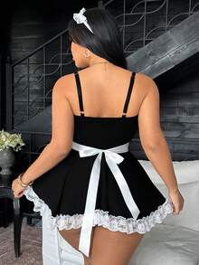 Fantasy Costume 4pcs Plus Size Black & White Lace Trim Sexy Lingerie Set - Black and White - View 2
