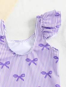 SHEIN Maillot de bain une pièce pour bébé fille avec imprimé nœud et rayures violettes - Multicolore - Voir 4