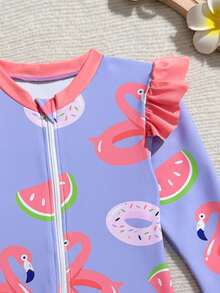 Toddler Girl High Neck Long Sleeve One Piece Swimsuit With Ruffles And Cartoon Print Tropical Baby Girl Bathing Suit Toddler Girl Flamingo Watermelon Swimsuit Watermelon Baby Swimsuit Baby Girl Long Sleeve Swimsuit - Multicolor - View 4