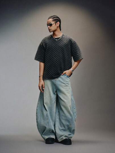 PAVTROS Men's Summer Thank You Textured Crew Neck Short Sleeve T-Shirt Baggy Jeans Streetwear Men Wide Leg Jean Men's 90s Fashion Baggy Jeans Y2k Men Streetwear Men's Oversized Jeans