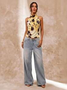 SHEIN BAE Yellow Floral Print Halter Neck Casual Top, Yellow Top, Elegant Top, Vacation Top, Wedding Attire Top, Back To School/Graduation Season Top - Yellow - View 7