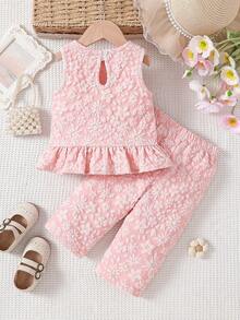 SHEIN Playful Pals 女婴碎花荷叶边下摆无袖上衣和粉色裤子两件套，饰有粉色蝴蝶结，适合外出、日常穿着、居家休闲和派对穿着。 - 粉色 - 查看 2