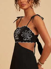 Travachic Women's Summer Vacation Floral Embroidery Spaghetti Strap Hollow Out Dress - Black - View 8