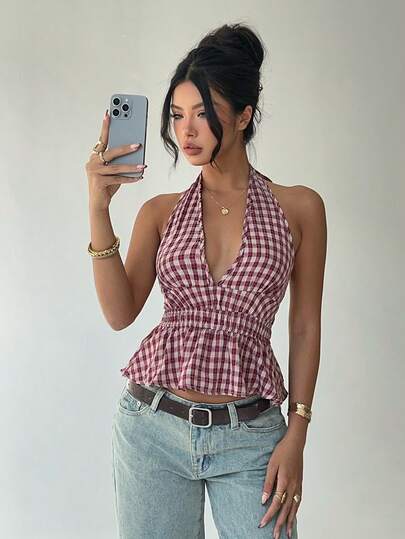 Aloruh Women's Plaid Halter Backless Shirt Checkered Top Halter Top Top Summer Top Plaid Top