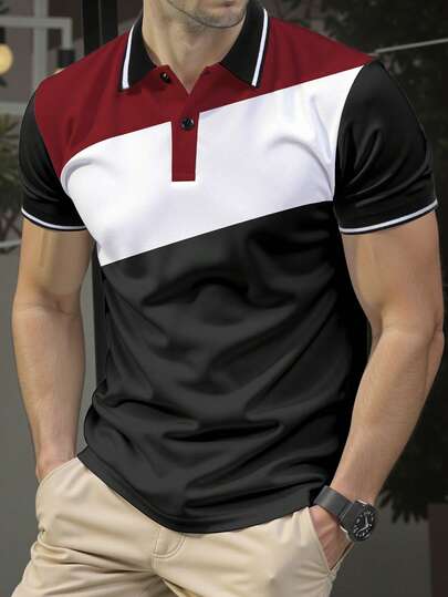 Manfinity Homme Tricou polo bărbătesc cu mânecă scurtă, stil casual, la modă, cu blocuri de culori