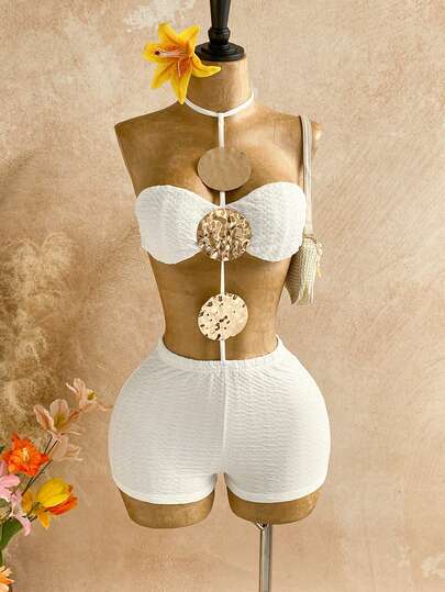 Soleia New Sexy Solid Color Hollow Metal Plate Decor Jumpsuit For Women, Suitable For Party, Date, Afternoon Tea, Music Festival, Beach Cruise, Summer Outfit, Airport, Daily Wear