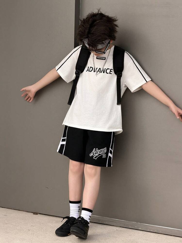 Tween Boy Letter Print Crew Neck Short Sleeve T-Shirt And Shorts Casual Set