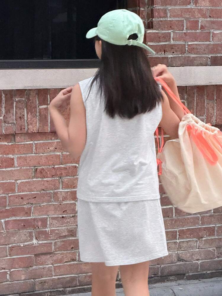 2pcs/Set Tween Girls Summer New Round Neck Knitted Bowknot Graphic Print Sleeveless T-Shirt And Skirt Outfit