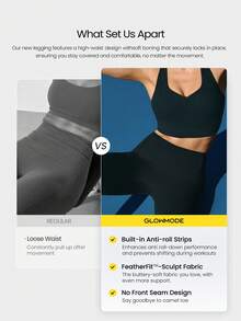 GLOWMODE 24" FeatherFit™-Sculpt Sweat-O-Clock Compressive Anti-Roll Tummy Control No Front Seam Side Pockets Leggings Low Impact Training Running Workout Gym - Black - View 3