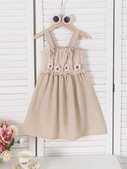 SHEIN Young Girl Sleeveless Strap Dress, Apricot Floral Casual Vacation Afternoon Tea Dress, Summer Young Girl Floral Dress