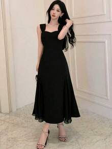 DAZY 女士露背优雅迷人时尚返校礼服舞会礼服优雅吊带裙婚纱女士连衣裙长裙 - 黑色 - 查看 4