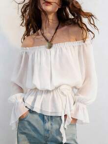 SHEIN MOD Women's White Elegant Off Shoulder Ruffle Sleeve Peplum Top,Women's Off Shoulder Ruffled Hem Blouse Long Lantern Sleeve Gathered Waist Top Casual Tunic,Chic Women's White Off Shoulder Blouse With Elastic Waist And Ruffled Cuffs Loose Fit Summer Top,White Blouse,Milkmaid Top,Off The Shoulder Blouse - White - View 12