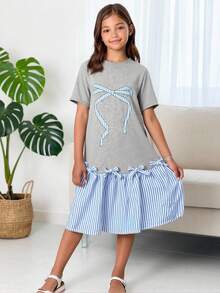 SHEIN 少女夏季短袖灰色A字拼接条纹数码印花蝴蝶结装饰甜美休闲校服 - 灰色 - 查看 8