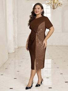 Ellevyn Đầm cỡ lớn thanh lịch phối màu tương phản đính sequin, cổ tròn, tay ngắn, xẻ tà. - Màu nâu  Mocha - Xem 3