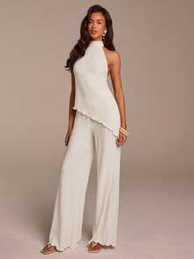 COSMINA 女士优雅露背无袖纹理两件套，阔腿波西米亚风，杏色，适合通勤、办公、日常、约会、情人节、婚礼宾客等场合。 - 杏色 - 查看 1