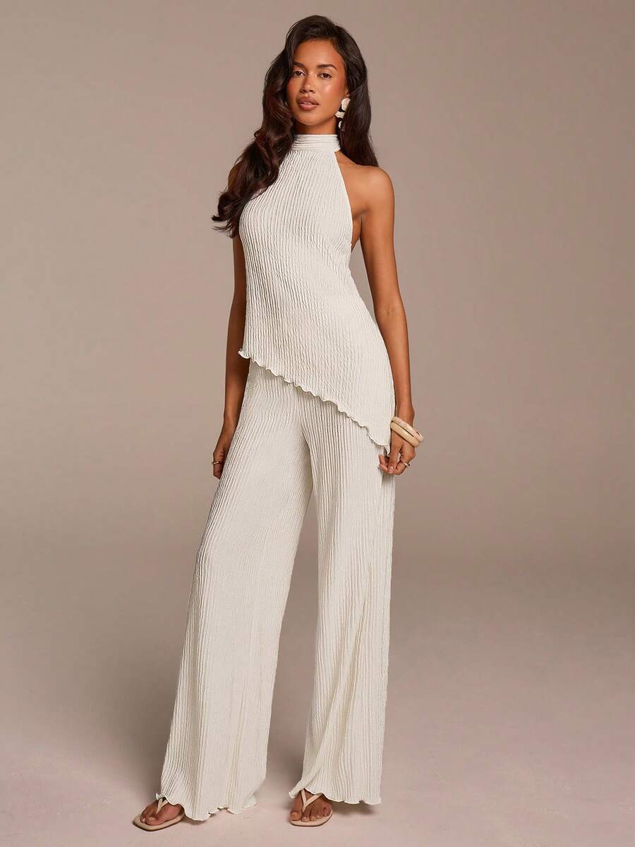 COSMINA 女士优雅露背无袖纹理两件套，阔腿波西米亚风，杏色，适合通勤、办公、日常、约会、情人节、婚礼宾客等场合。 - 杏色 - 查看 1