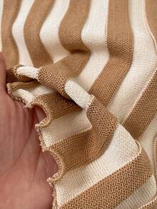 Muvela New Khaki Striped Adjustable Beaded Tie-Up Neck Knit Top, Elegant Urban Commuter Wear For Women, Spring/Summer - Coffee Brown - View 7