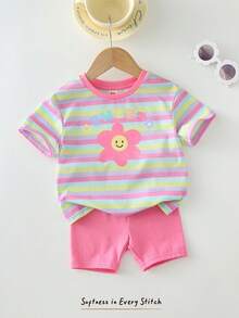 Cozy Pixies 2件套女婴碎花针织柔软圆领短袖上衣和松紧腰短裤套装 - 彩色 - 查看 6