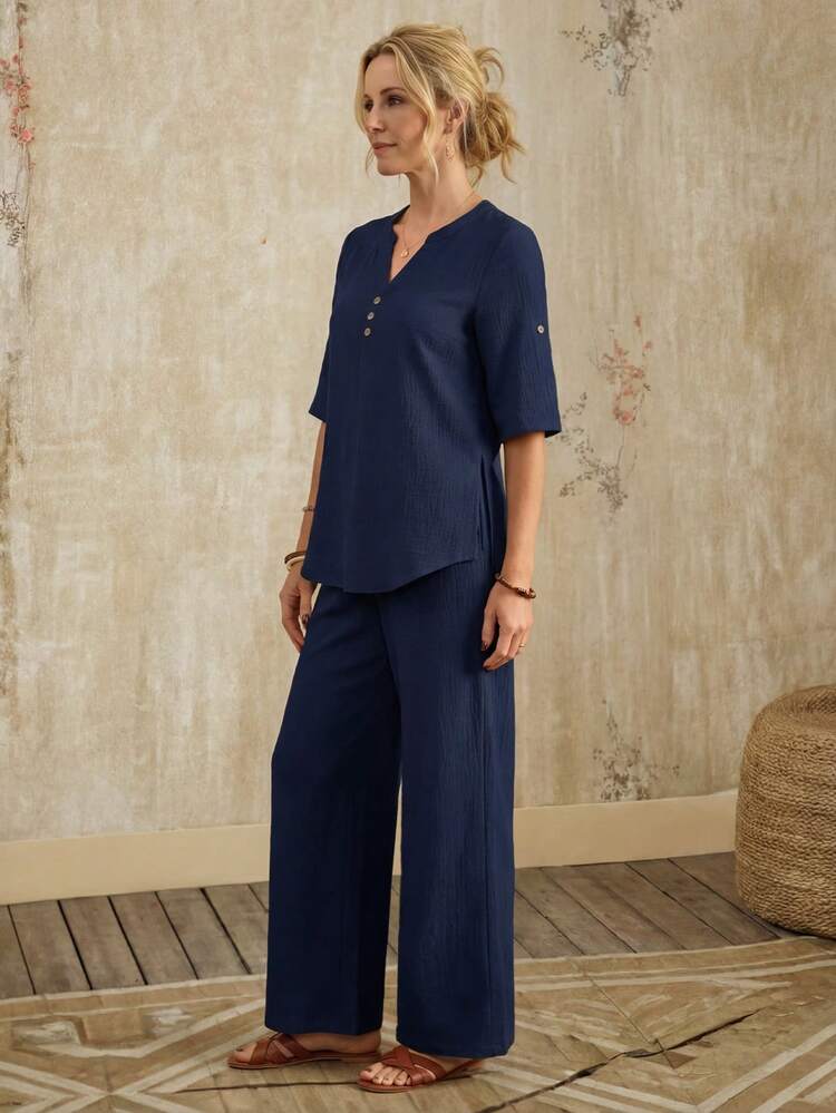 女性用夏のソリッドカラー ノットデザインのVネックロールスリーブシャツとルーズパンツのカジュアルな2点セット